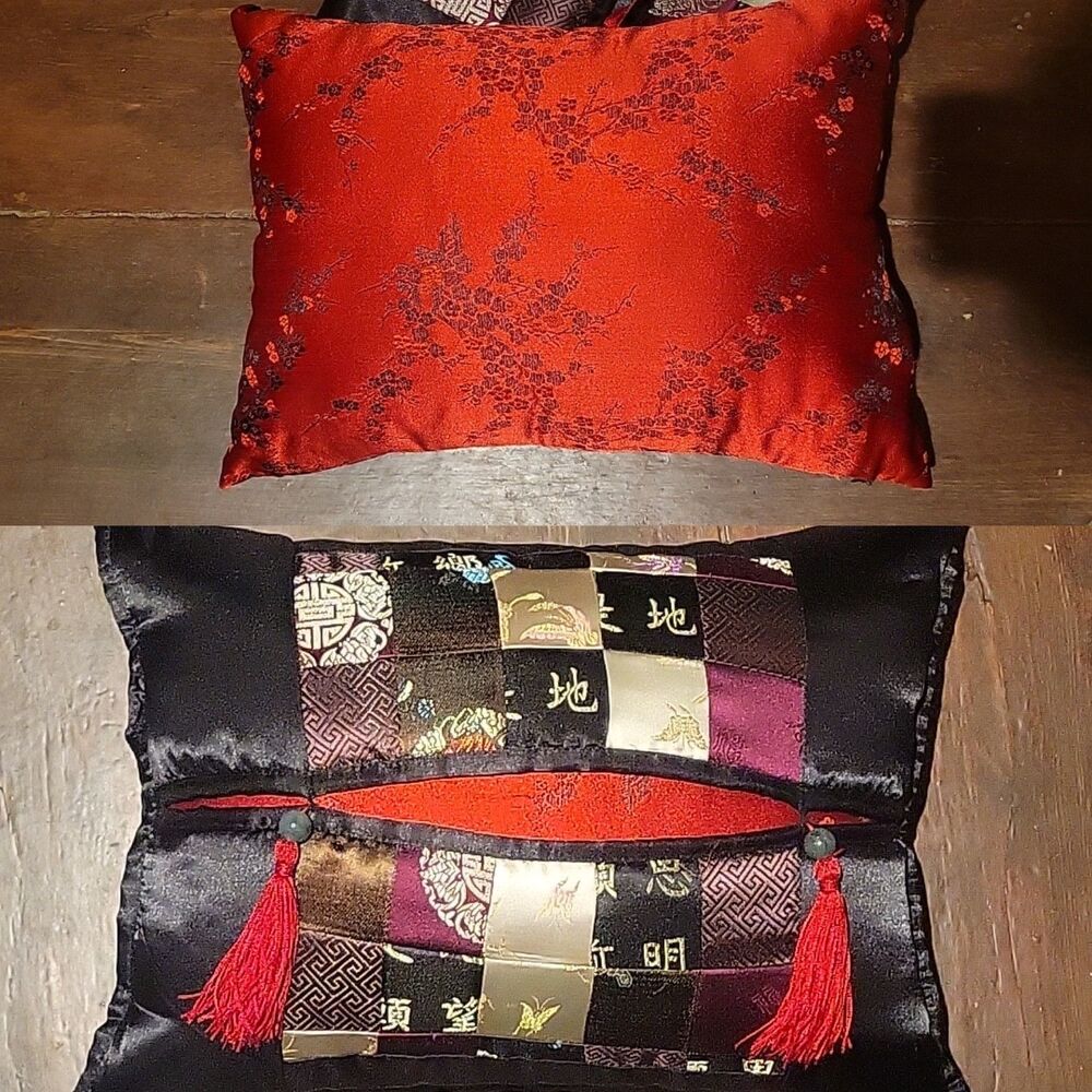 Asia Decorative Throw Pillow Tassels Black Red Insert Patchwork Satin Embroidery